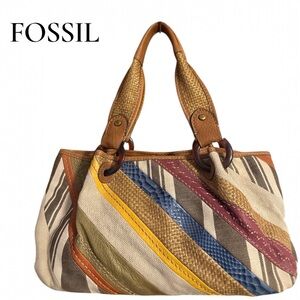 Fossil Modern Vintage Patchwork Leather Canvas Multicolor Satchel Tote Bag